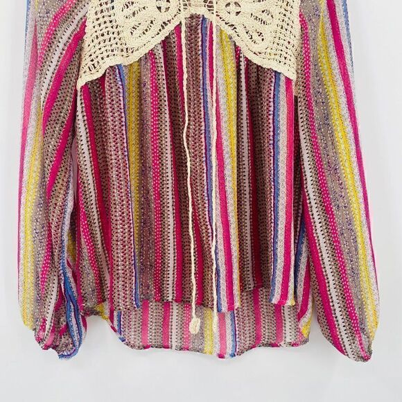 Umgee USA Size Small Striped Boho Crochet Long Sleeve Popover Blouse Top - Picture 3 of 6
